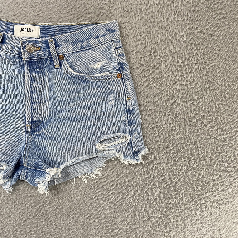 AGOLDE Parker Denim Shorts Womens 27 Blue High Rise Button Fly Cutoff Distressed - Picture 2 of 14